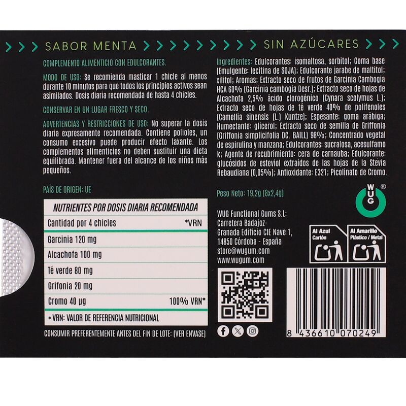 WUG DIET - SUGAR-FREE FUNCTIONAL MINT GUM BLISTER 8 PCS